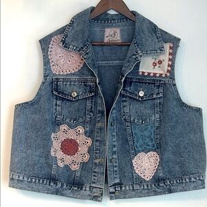 Upcycled doily patched boho stone washed denim jean vest